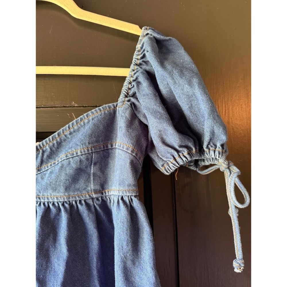 Olivaceous Blue Denim Puff Sleeve Babydoll Mini Dress Frayed Hem Sweetheart Neck - Picture 3 of 10